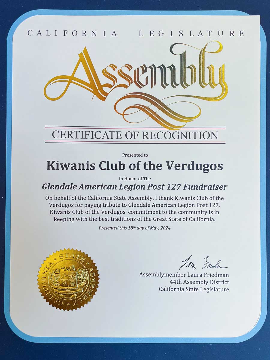 Certificate of Recognition Kiwanis Club of the Verdugos from Senator Portantino